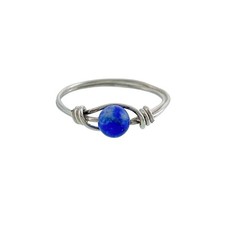 Estate Silver Tone Wire Wrapped Blue Lapis Lazuli Sphere Bead Ring Size 3