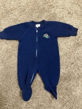 VTG Boys Carter's Fleece Sleeper Bear Flying Plane Sz 0 - 6 Mo Navy Blue Footed