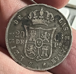 Cincin19 ISABEL 2ª Escasos 20 Centavos de Peso Manila 1868 pesa 5 00gr