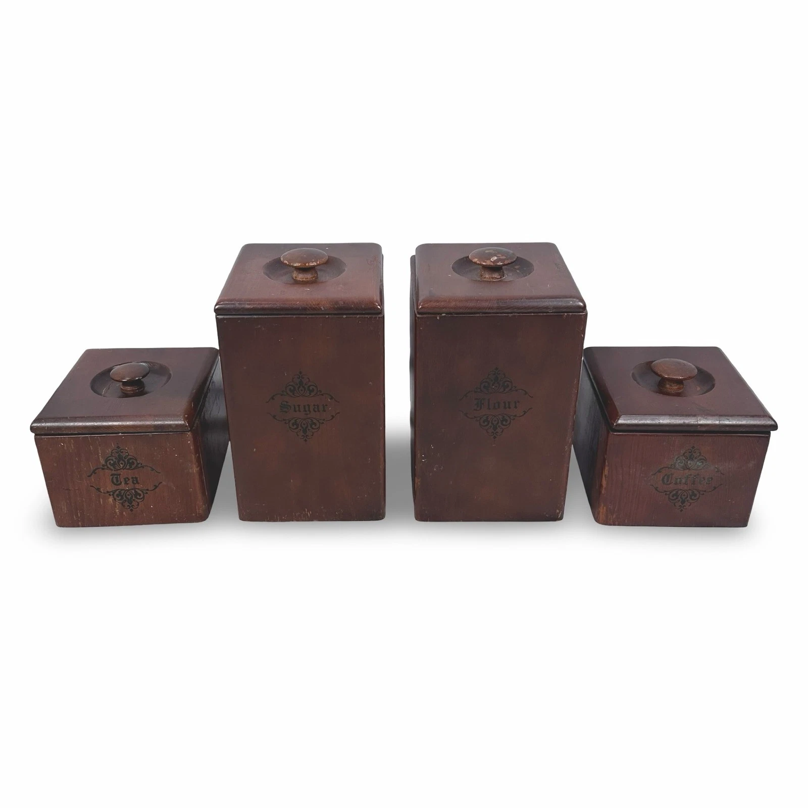 Vintage Wood Kitchen Canister Set 4 Piece Flour Sugar Coffee Tea Farmhouse Brown