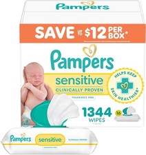 Pampers Sensitive Baby Wipes, 16 Flip-Top Packs, Water Based Wipe, Clinically Pr