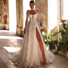 Elegant High Collar Wedding Dresses Lace Appliques Sexy Side Slit Bride Gowns
