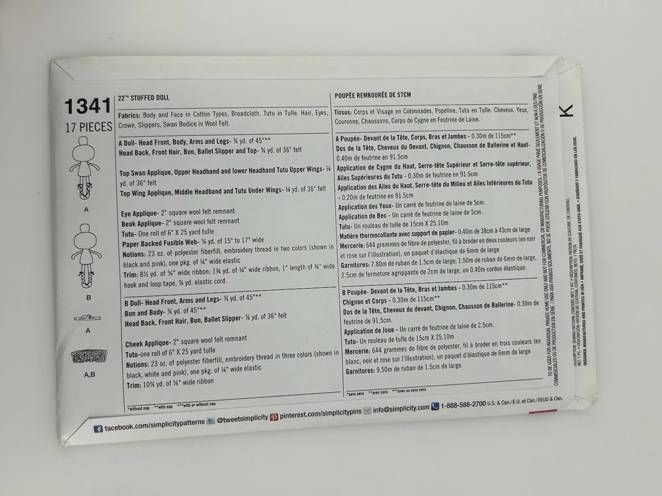 Simplicity 1341 Doll Ballerina Craft New Uncut Sewing Pattern - Image 2 of 2