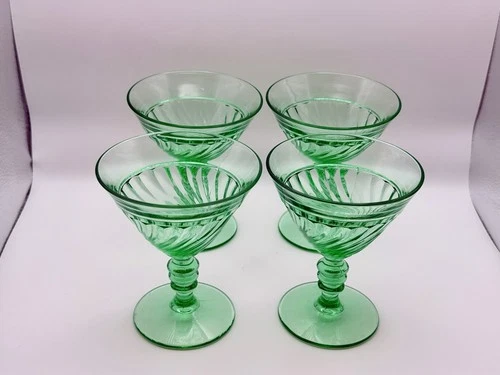 1930s Green Swirl Optic Footed Goblets Hand-Blown Depression Era Glass Set of 4