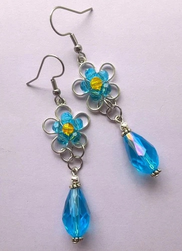 BLUE CRYSTAL DAISY  teardrop DANGLE earring SP FISH HOOK handmade XAG