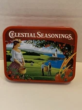 Celestial Seasonings small Tea Tin Woman w/basket by Seashore. Lighthouse