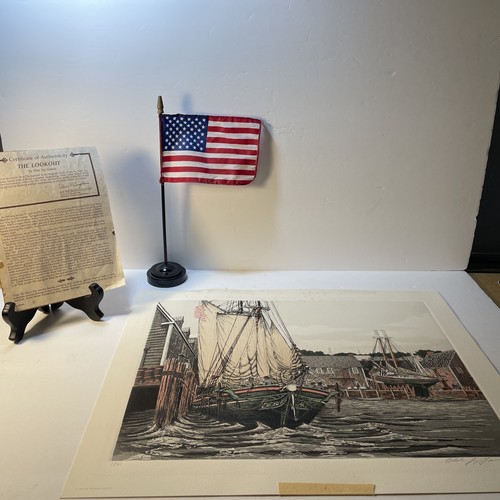 Alan Jay Gaines "The Lookout" acquaforte colorata con certificato di autenticità firmato 1981 Sailing Mass. - Foto 9 di 13