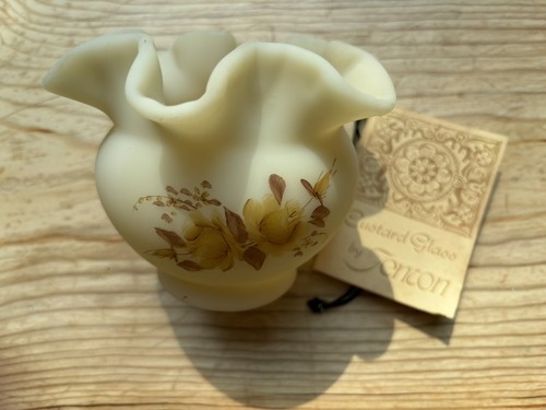 Vidrio natillas satinado Fenton vintage borde con volantes rosas pintadas a mano firmadas - Imagen 2 de 5