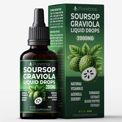 PURETREX 100% Pure Graviola Soursop Liquid Drops 2000mg Fruit & Leaf Herbal Extract 60ml
