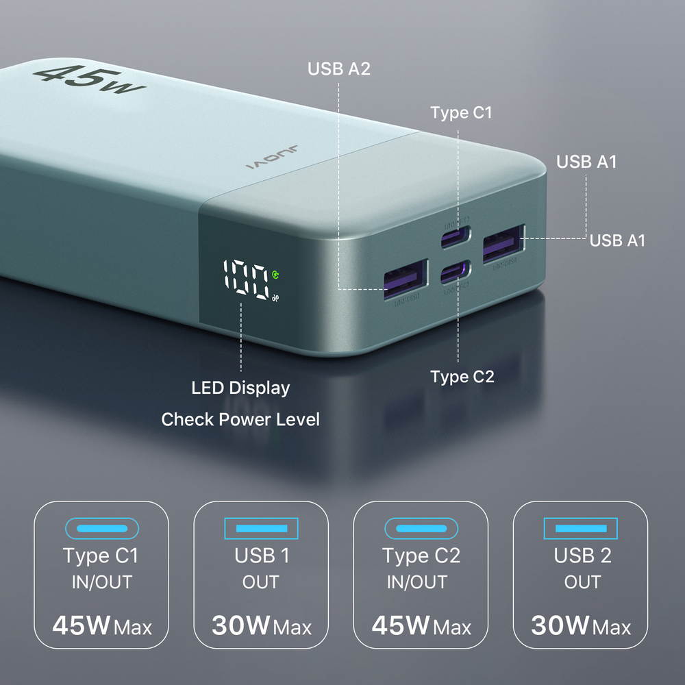 45W 20000mAh Power Bank Fast Charging for iPhone Samsung Laptop USB-C PD
