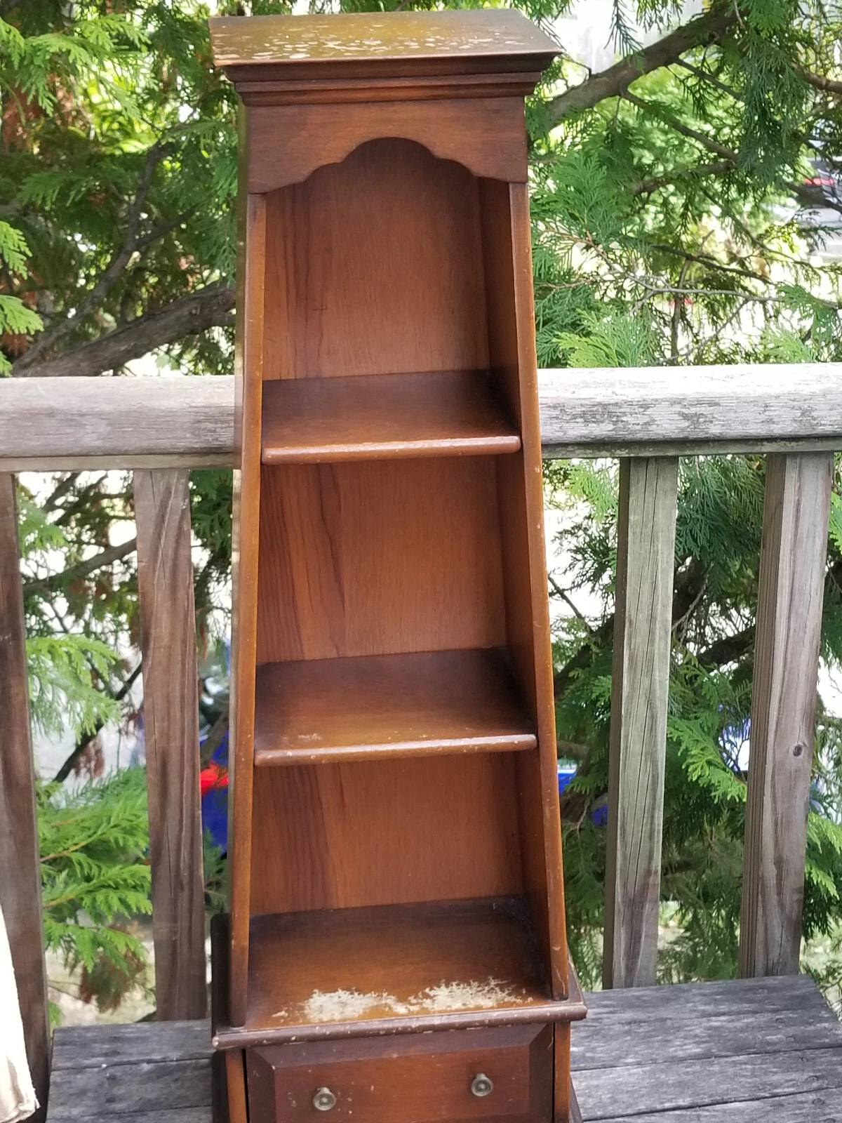 VINTAGE WOODEN HANGING 3 TEIRED WALL SHELF WITH DRAWER 30 X 10.5 INCHES