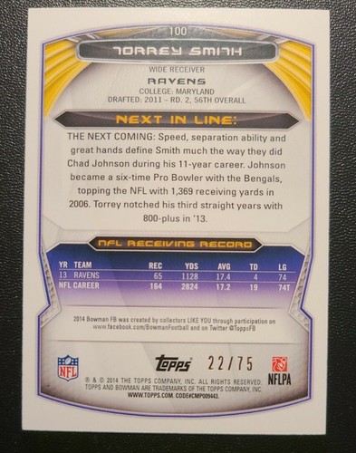 Torrey Smith 2014 Topps Bowman Gold #'d 22/75 Card No. 100 Baltimore Ravens - Picture 6 of 7