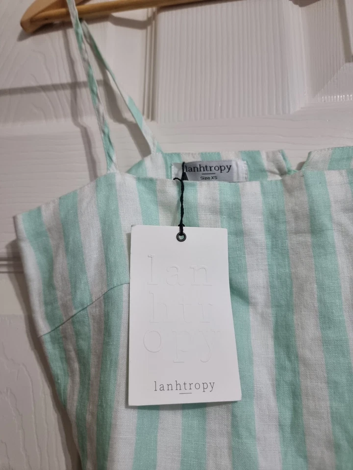 Lanhtropy Linen Striped Crop Top Strappy Blouse Mint Green White Size XS $225 - Image 2 of 4
