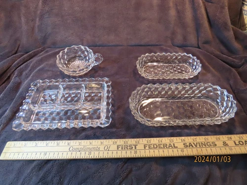 (4) Fostoria American Clear Dishes- 4 Part Relish, 10 & 8 Inch Ovals Plus Nappy