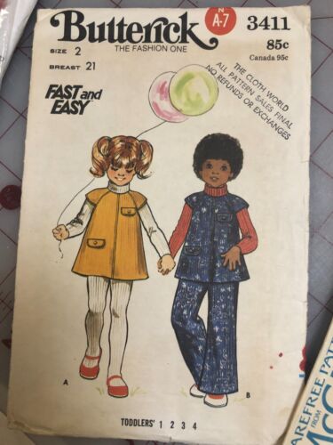 Vintage Sewing pattern Butterick 3411, Toddler EASY Top/Pants, Girls Size 2  CUT - Photo 1 sur 2