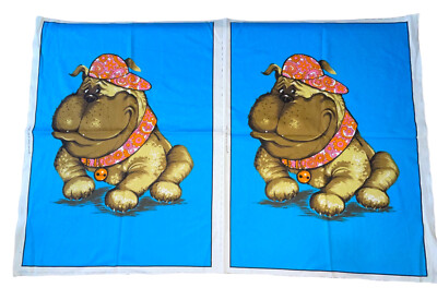 Vintage Wesco Reltex Panel Time Bulldog Set of 2 Barkcloth Blue