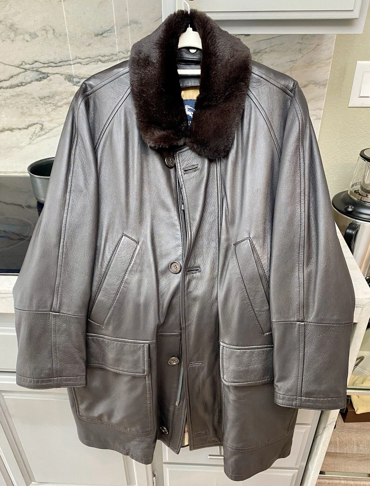 Cappotto unisex Burberry Prorsum in pelle con pelle di pecora rimovibile taglia 48 maniche 25"