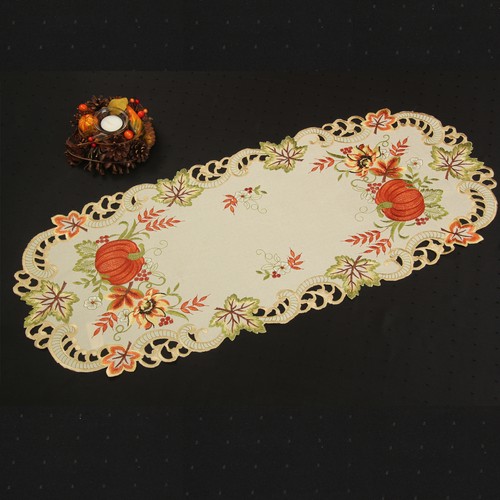 Pumpkin Sunflower Embroidery Tablecloth Table runner Pillowcase Linen-Look Cream - Picture 15 of 26