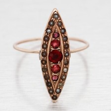 Antique Art Nouveau Garnet & Pearl Marquise Cocktail Ring - 14k Rose Gold