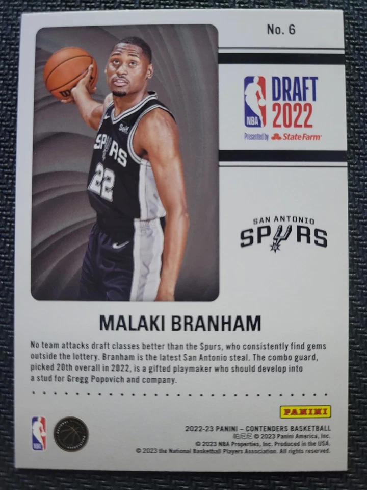 MALAKI BRANHAM 2022-23 Panini Contenders Draft Class RC Rookie Card #6 Spurs - Image 2 of 2