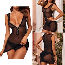 Sexy Womens Sheer Mesh Dress Nightwear See-Through Bodycon Dresses with G-String