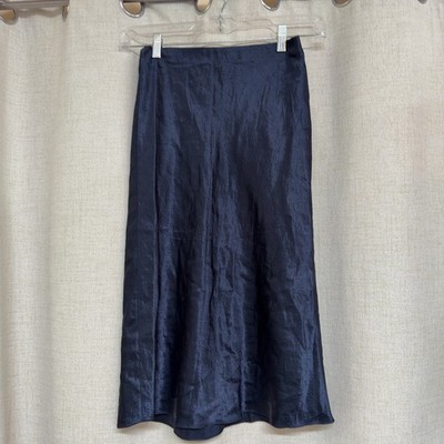 VINCE Navy Blue Satin Midi Skirt Silky Slip A-Line XS