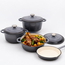 7pc Grey/Black Enamel Cast Iron Dutch Oven Set Induction Non Stick Cookware