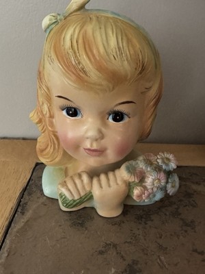 Vintage Lady Head Vase with Blonde Girl holding Flowers
