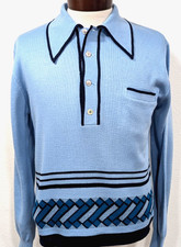 Vtg 70s 80s K-MART Men's S Polo Sweater ROCKABILLY Blue Geometric Stripe VEUC 