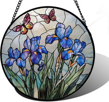 Stained Glass Window Hanging, Blue Iris Flowers Butterfly Suncatcher Diamond Col