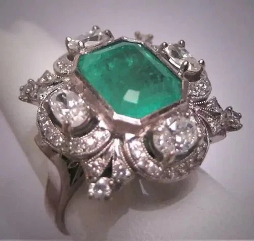 Vintage Art Deco Cocktail Wedding Ring 3Ct Lab Created Emerald 14K White Gold FN