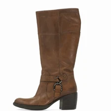 179 Clarks Plaza Pug Leather Knee High Harness Boots Brown Distressed SZ 8