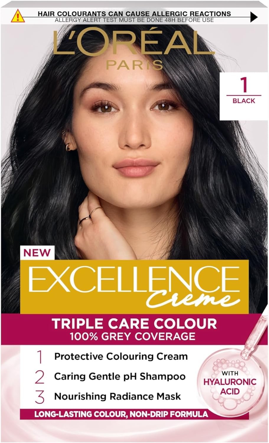 L'Oréal Excellence Créme 1 Black: Hyaluronic Acid for 10x Nourished, 2x Shini