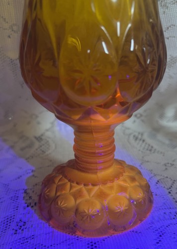 Kanawha 11,5" Cadmium geschwungene Vase Mond & Sterne gelb/bernsteinfarben Sockel Glas LE Smith - Bild 8 von 14