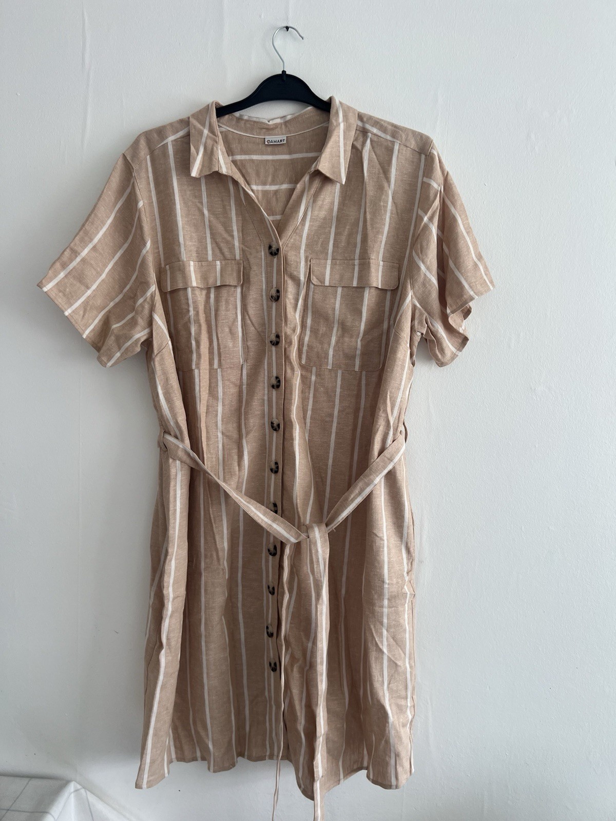 Damart Women’s Beige Striped Button Down Short Sleeve Linen Blend Dress UK 24