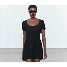 Zara Womens Black Short Sleeve Scoop Neck Mini Dress XL Solid Back Zip