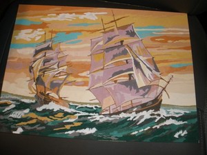 Vintage Paint by Numbers Finished Picture of SHIPS 15.5"x11.5"