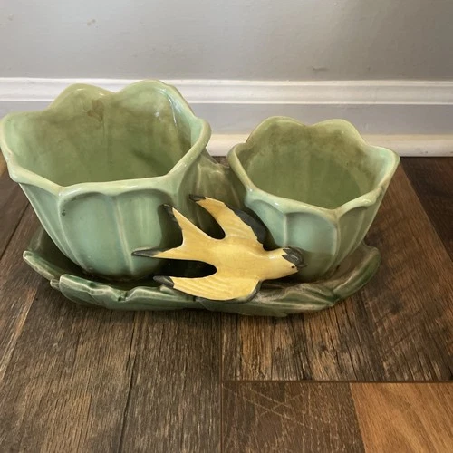 1949 McCoy Double Vase  Green Tulip Pot ~YELLOW BIRD