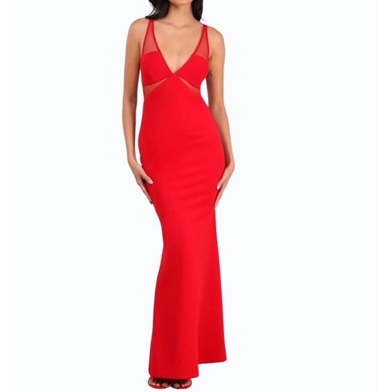 LULUS NWT Women's XS Fantine Red Mesh Sleeveless Mermaid Sexy Bodycon Maxi Dress