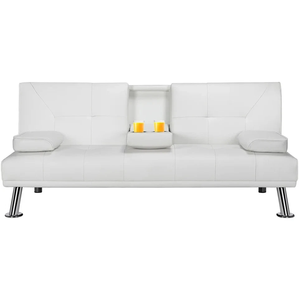 Futón Renwick LuxuryGoods moderno de imitación de cuero con portavasos y almohadas, blanco Foto 4 de 4