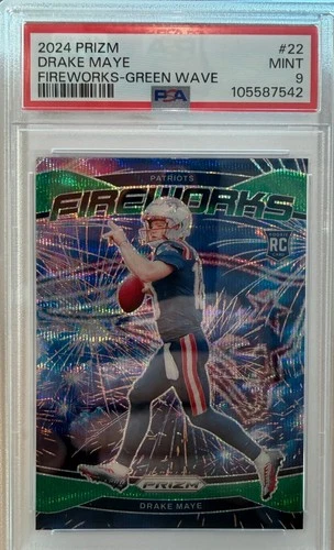 2024 Panini Prizm Fireworks Drake Maye #22 Green Wave Prizm (RC) Patriots PSA  9