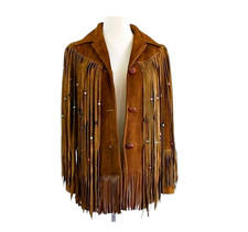 Women Native American Cowgirl Suede Leather Jacket with Long Fringes