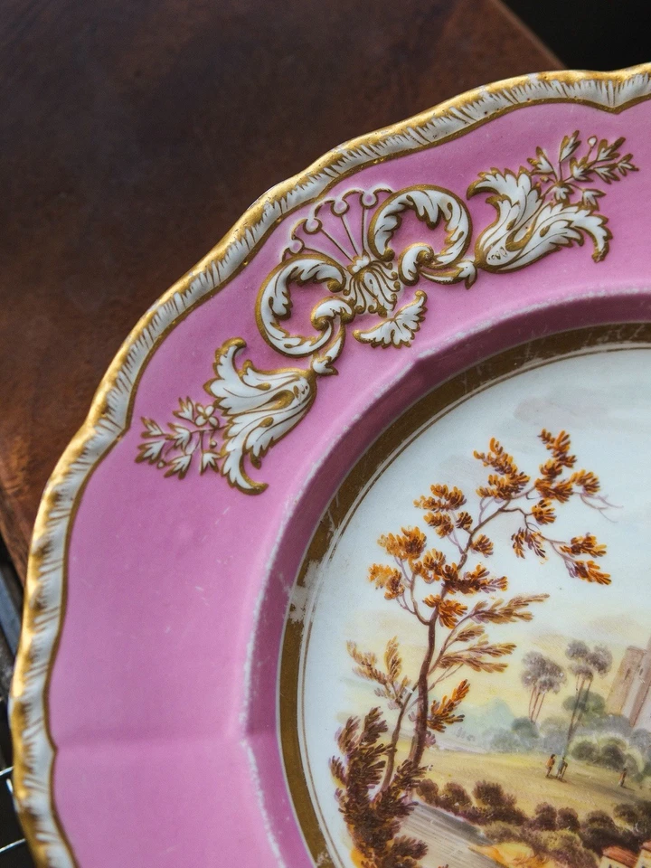 Antique English Porcelain Coalport Rococo Style Landscape Painted Pink Plate - Image 3 of 4