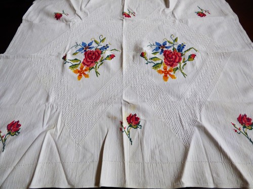 VTG White Cotton Flower Embroidery Decor Accent Dining Table Cloth ...