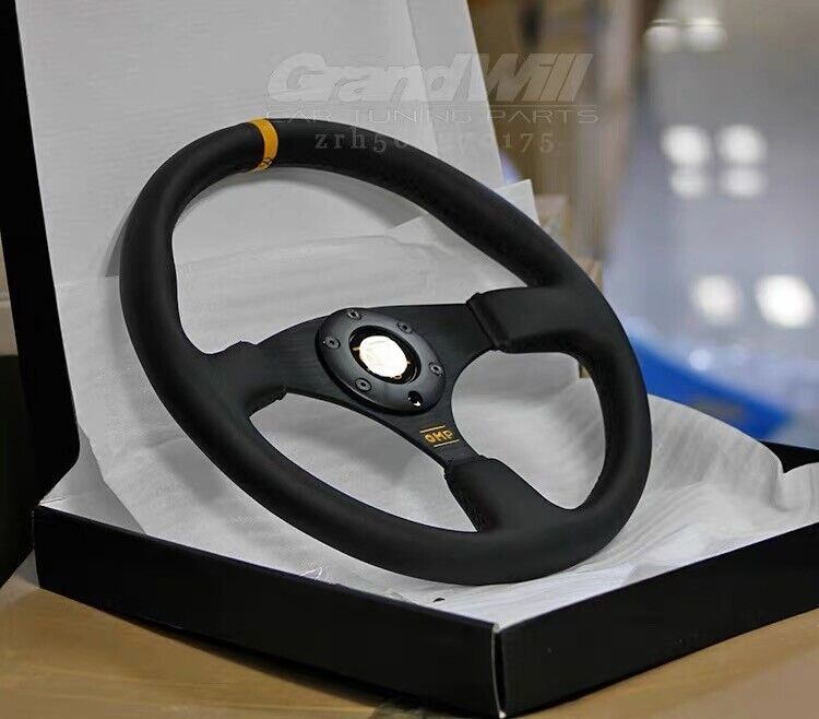 【OMP.Store】 OMP 350mm 14' Genuine Leather Flat Yellow stitch Racing