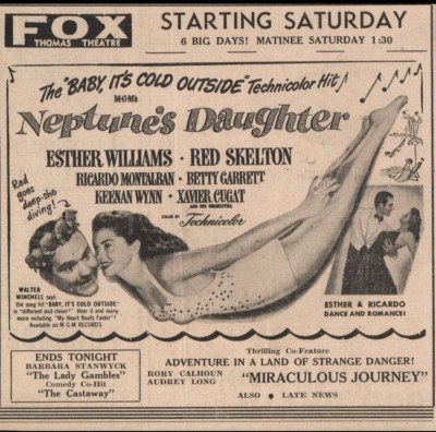 1940's ''Neptune's Daughter'' Esther Williams Movie Newspaper Ad 6x6   0C24