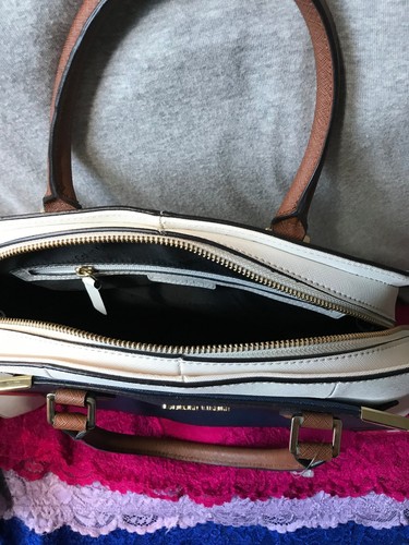 Calvin Klein Chalk & Navy Multi Coated Canvas Trim Zip Zip Tote Hobo/Satchel - Picture 10 of 11