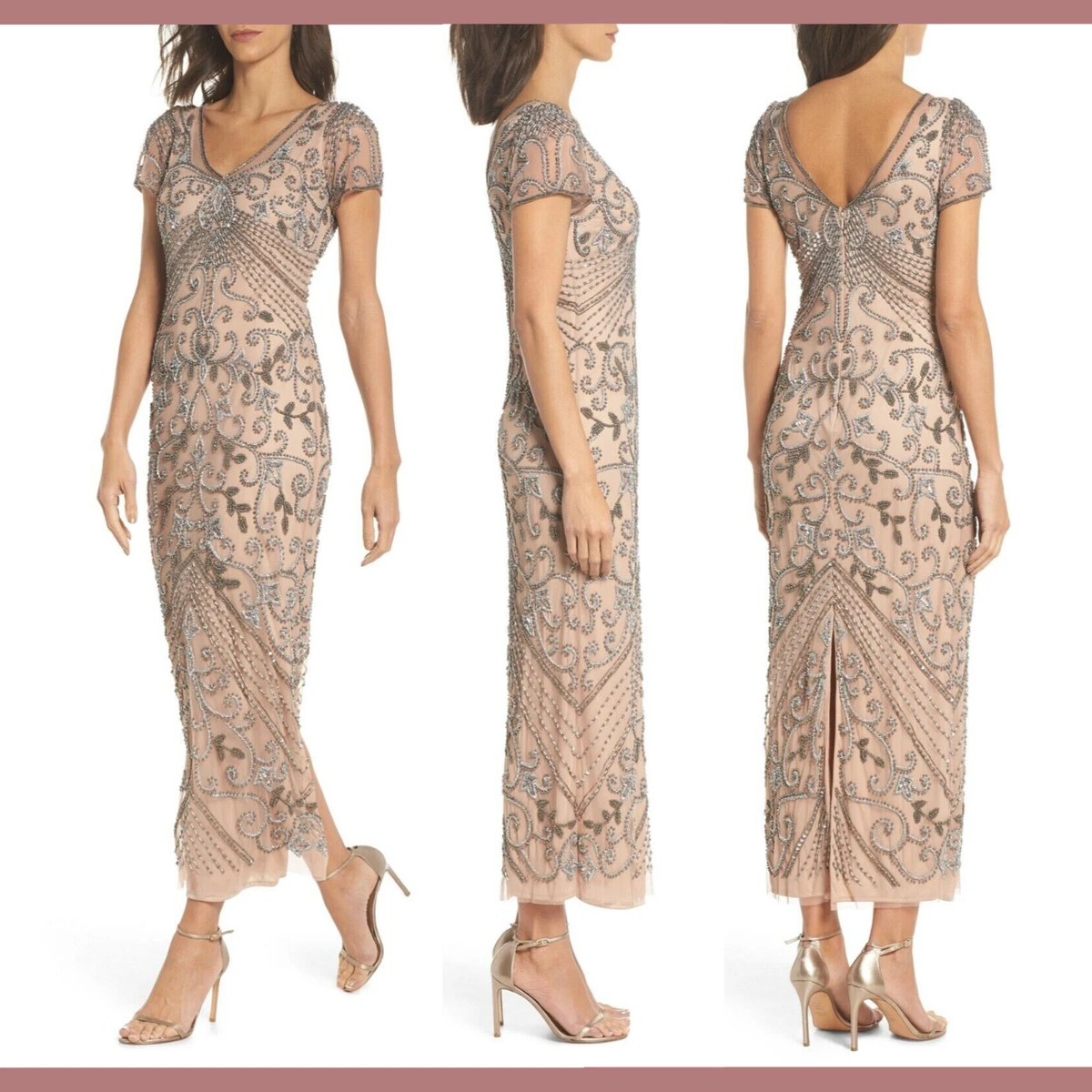 NEW Pisarro Nights Beaded Mesh Column Gown in Blush Size 8 | eBay