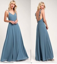 LULUS Meteoric Rise Women Maxi Dress Sz L Slate Blue Evening Wedding Glamorous