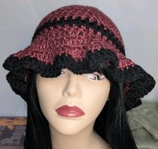 Handmade Crochet Bucket Hat Ruffle Brim Burgundy and Black Acrylic Yarn Fashion